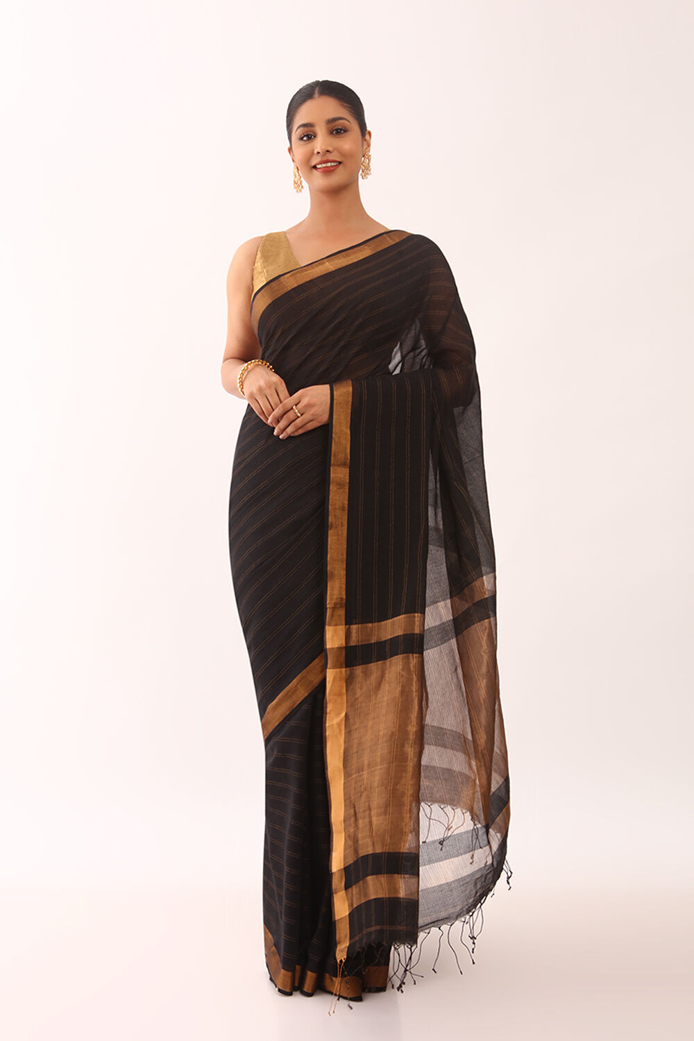 Black Woven Pure Silk Cotton Bengali Saree image number null