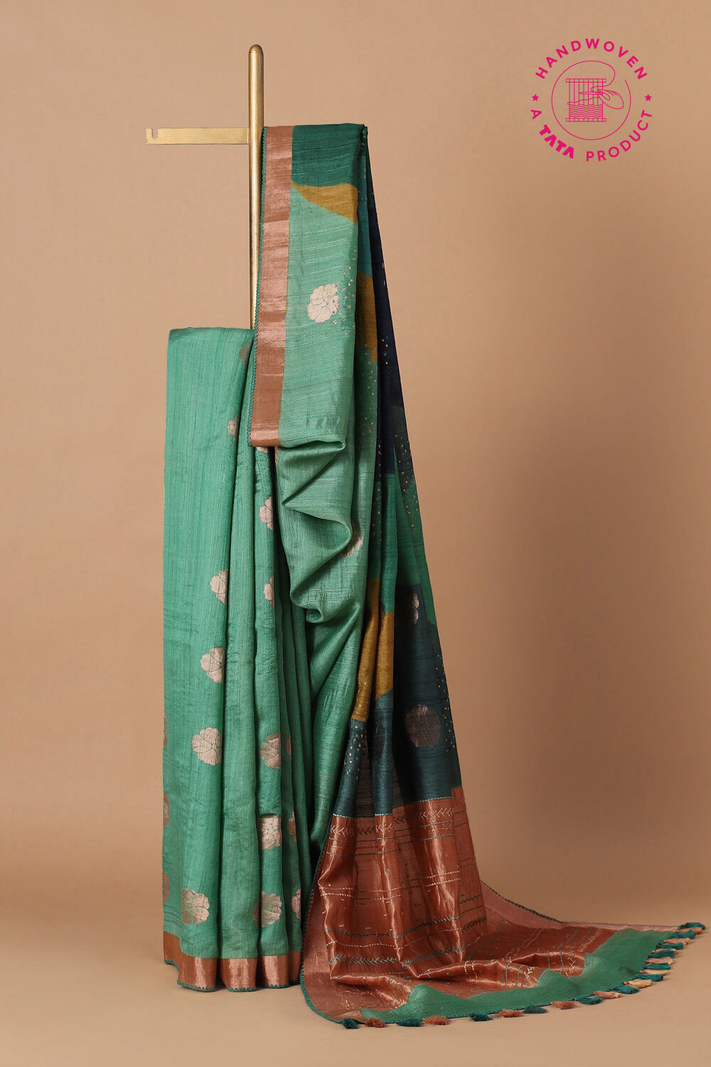 Green Pure Silk Tussar Chanderi Saree image number null