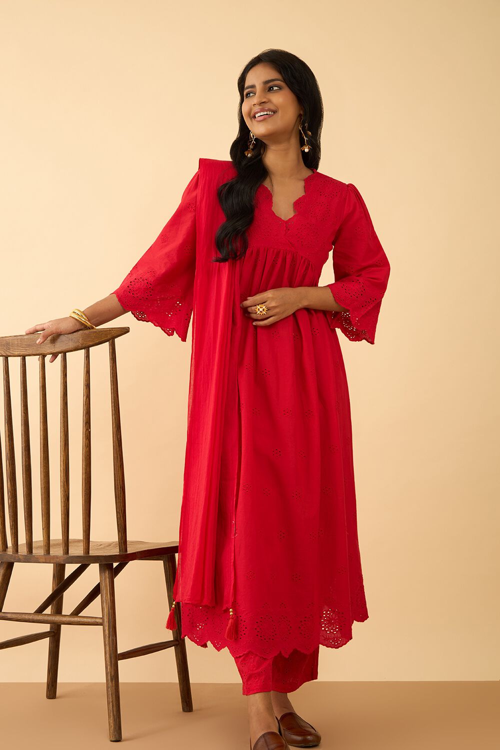 Red Embroidered Pure Cotton Kurta Set image number null