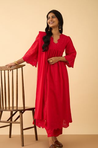 Red Embroidered Pure Cotton Kurta Set thumbnail image number null