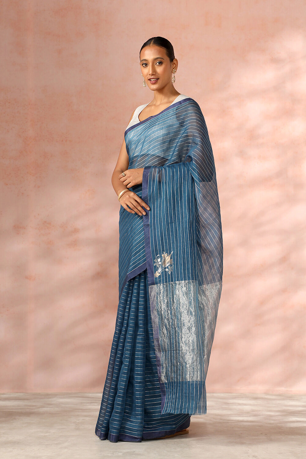 Dark Blue Chanderi Pure Silk Cotton Woven Saree image number null