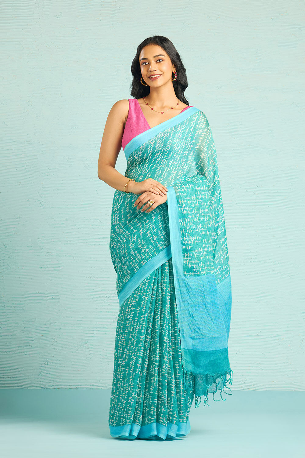 Green Screen Printed Pure Linen Saree image number null