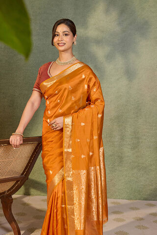 Dark Orange Silk Viscose Cutwork Banaras  Saree image number