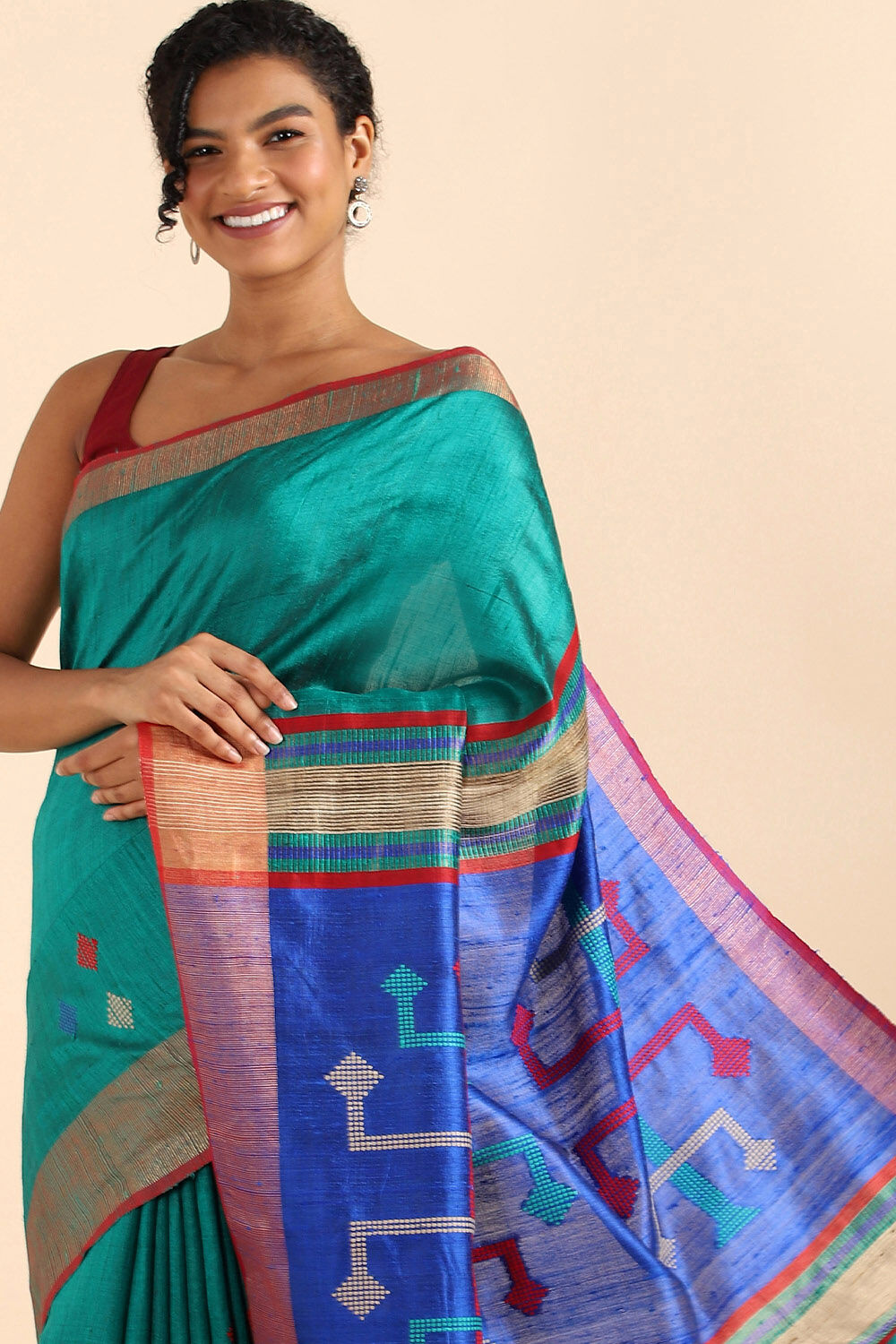 Green Pure Tussar Silk Bhagalpuri Saree image number null