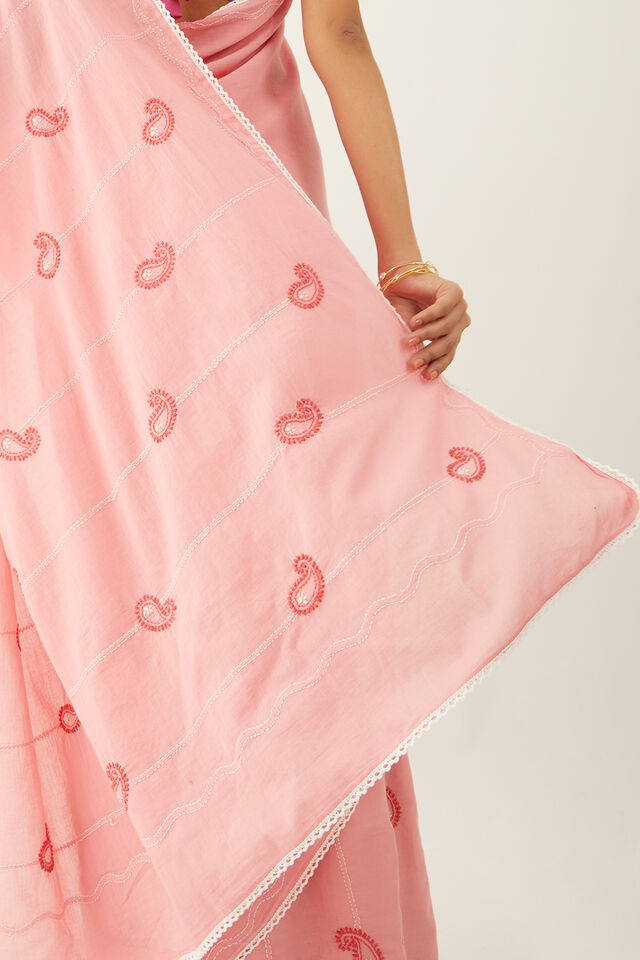 Pink Pure Cotton Chikankari Embroidery Saree