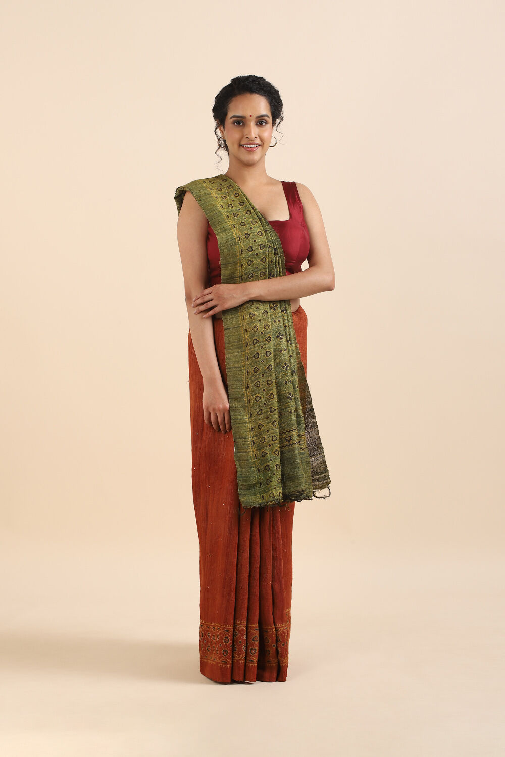 Dark Red Pure Tussar Vanya Ajrakh Printed Saree image number null