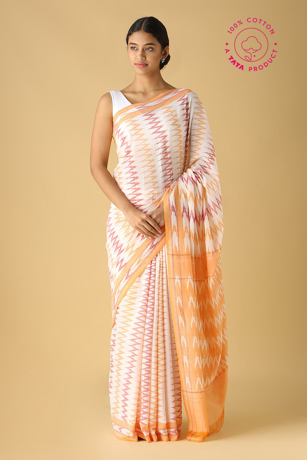 Off Pure White Cotton Pochampalli Ikat image number null