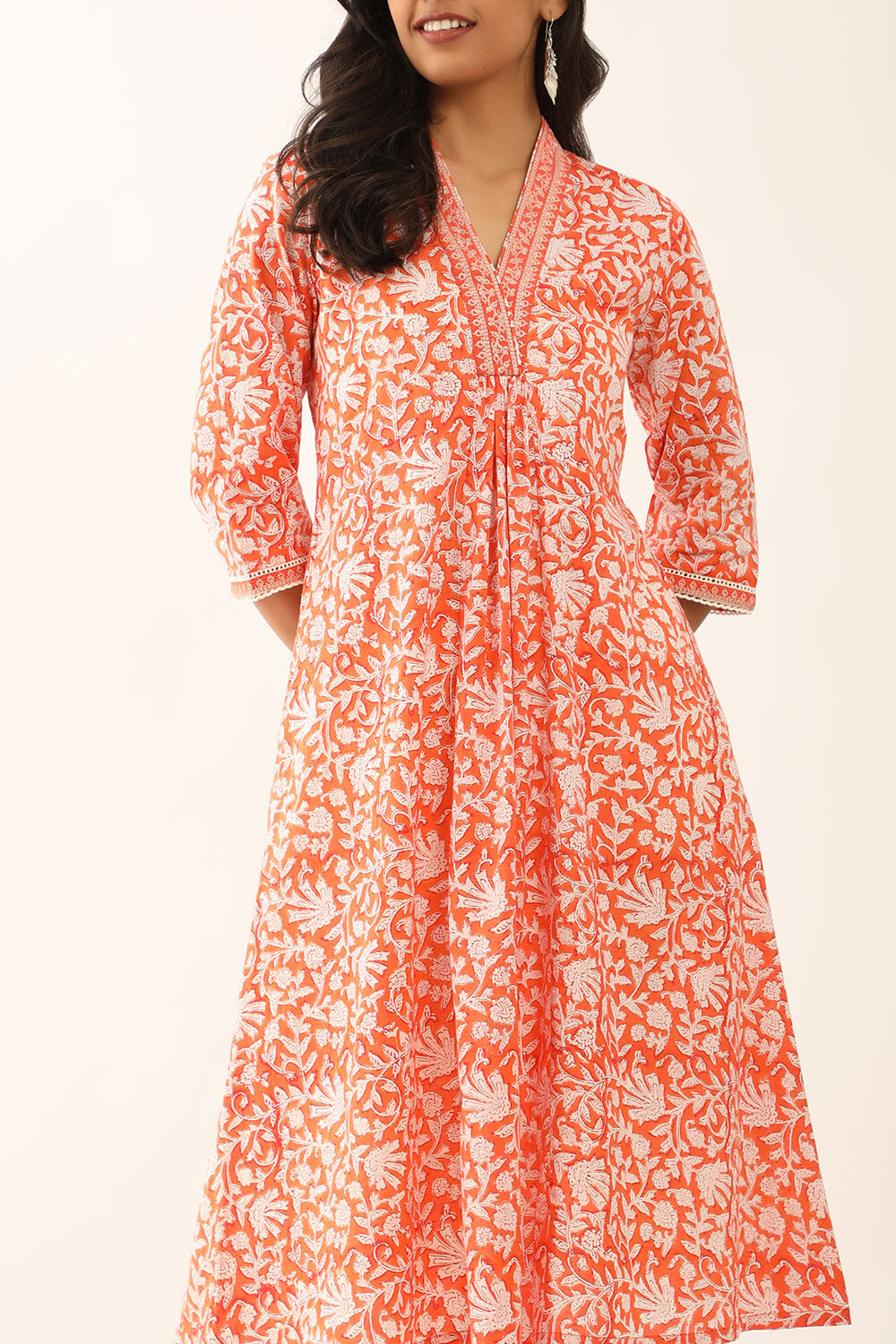Orange Pure Cotton Block Printed Kurta with Embroidery image number null