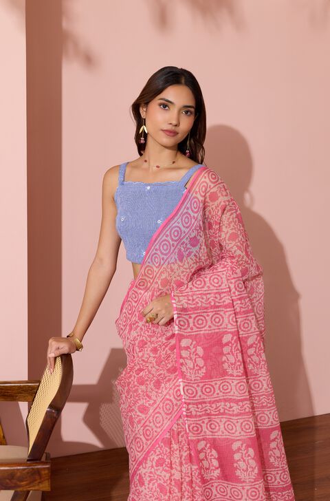 Light Pink Rajasthan Dabu Block Printed Pure Cotton Kota Saree