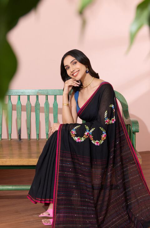 Black Bengal Pure Cotton Embroidered Saree