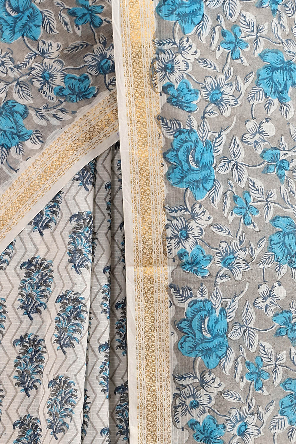 Off White Pure Silk Cotton Sanganeri Printed Saree image number null