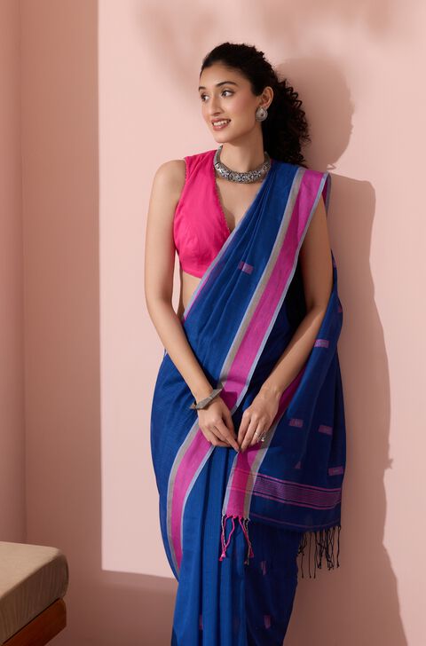 Dark Blue Woven Pure Cotton Bengal Saree
