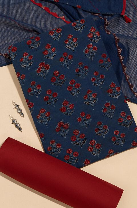 Blue Pure Cotton Ajrakh Unstitched Suit Set