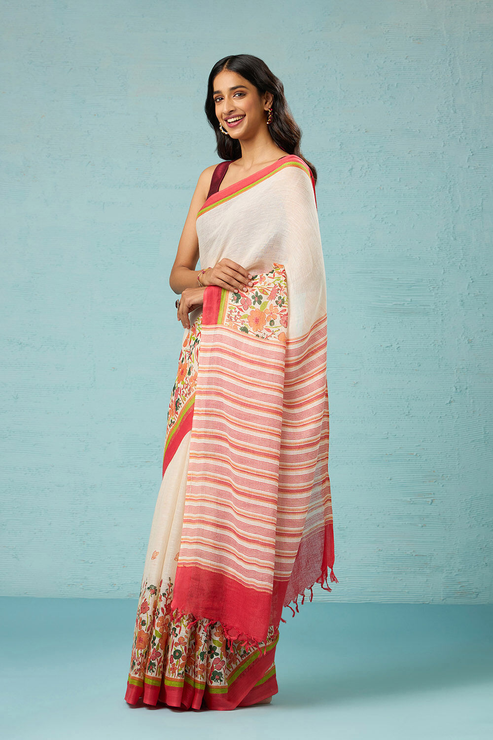 Off White Screen Printed Pure Linen Saree image number null