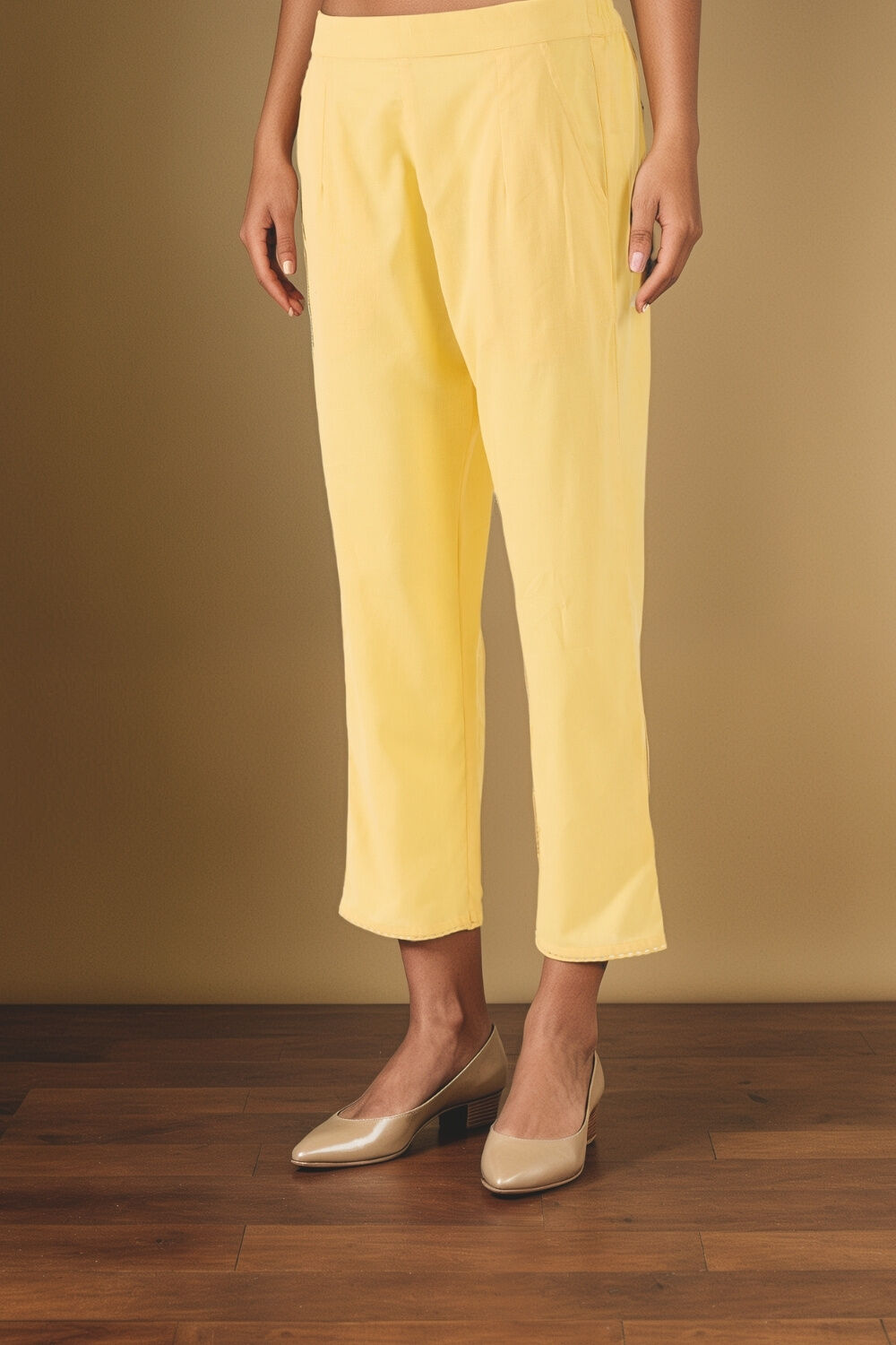 Light Yellow Woven Pure Cotton Linen Trouser image number null