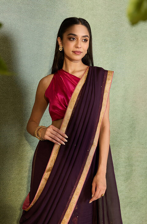Purple Embroidered Viscose Organza Saree