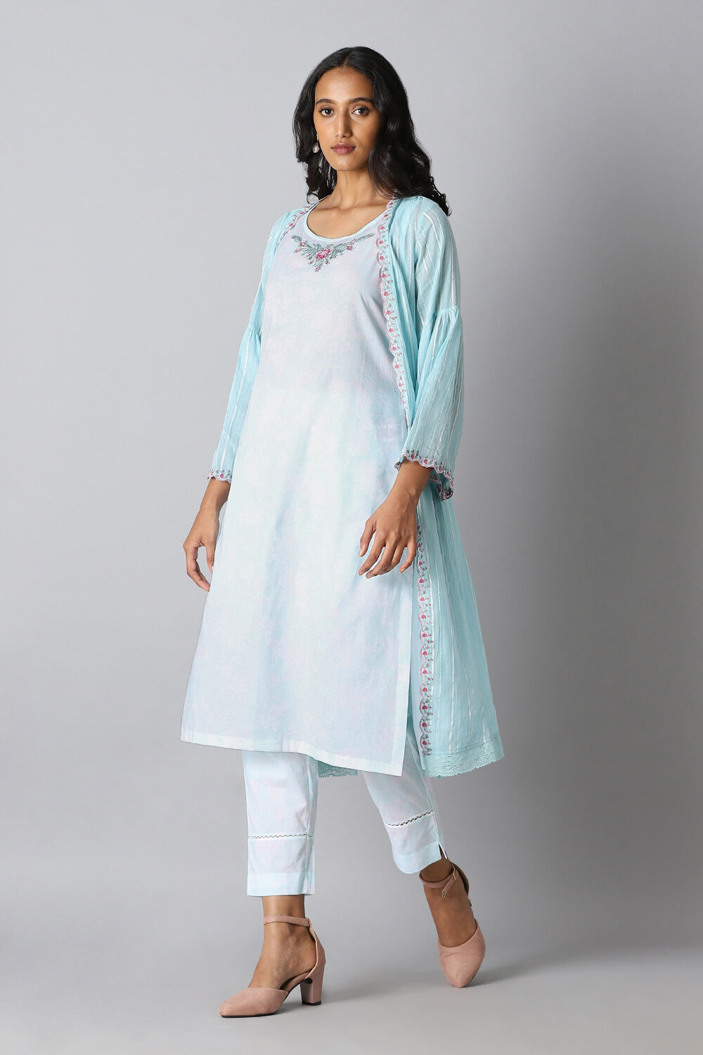Light Blue Cotton Embroidered Kurta Set image number null