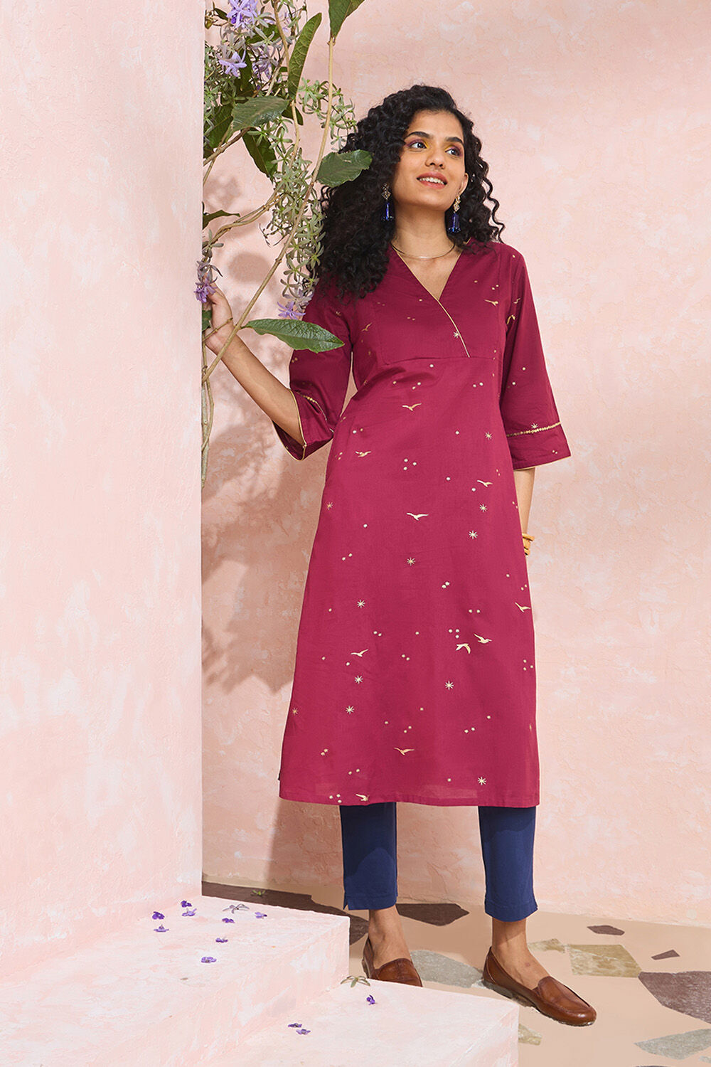 Dark Pink Screen Printed Pure Cotton Kurta image number null