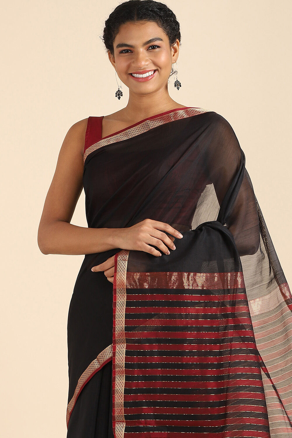 Black Pure Silk Cotton Maheswari Saree image number null