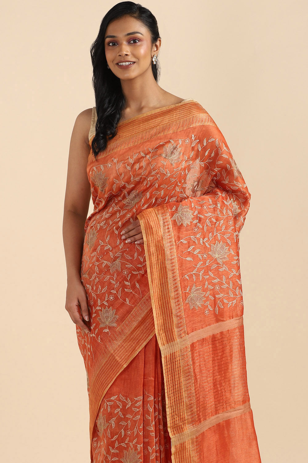 Dark Orange Pure Silk Linen Embroidered Saree image number null