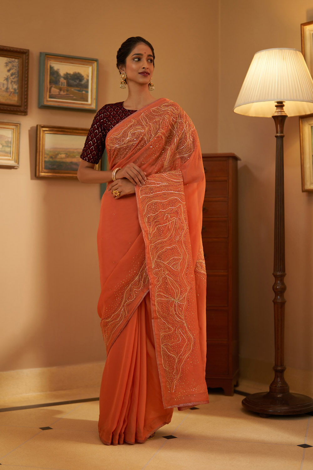 Orange Silk Viscose Embroidery Saree image number null