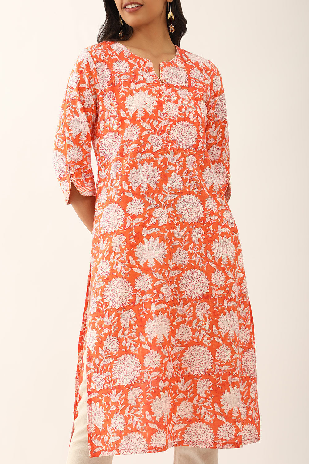 Orange Pure Cotton Sanganeri Block Printed Kurta image number null