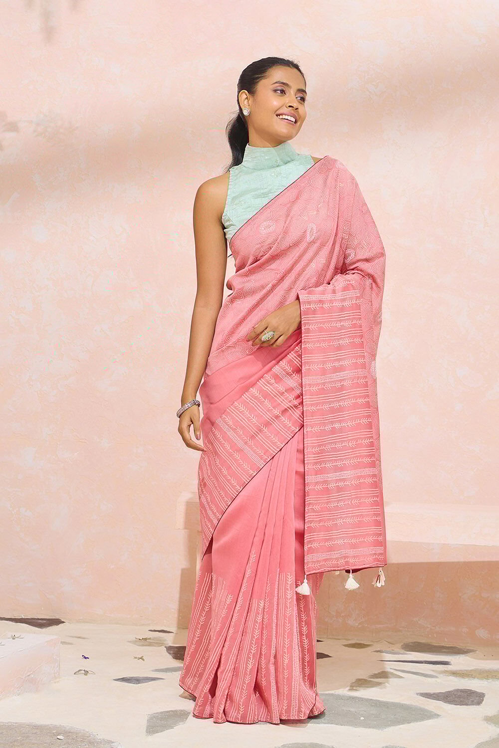 Light Pink Block Printed Pure Silk Cotton Saree image number null