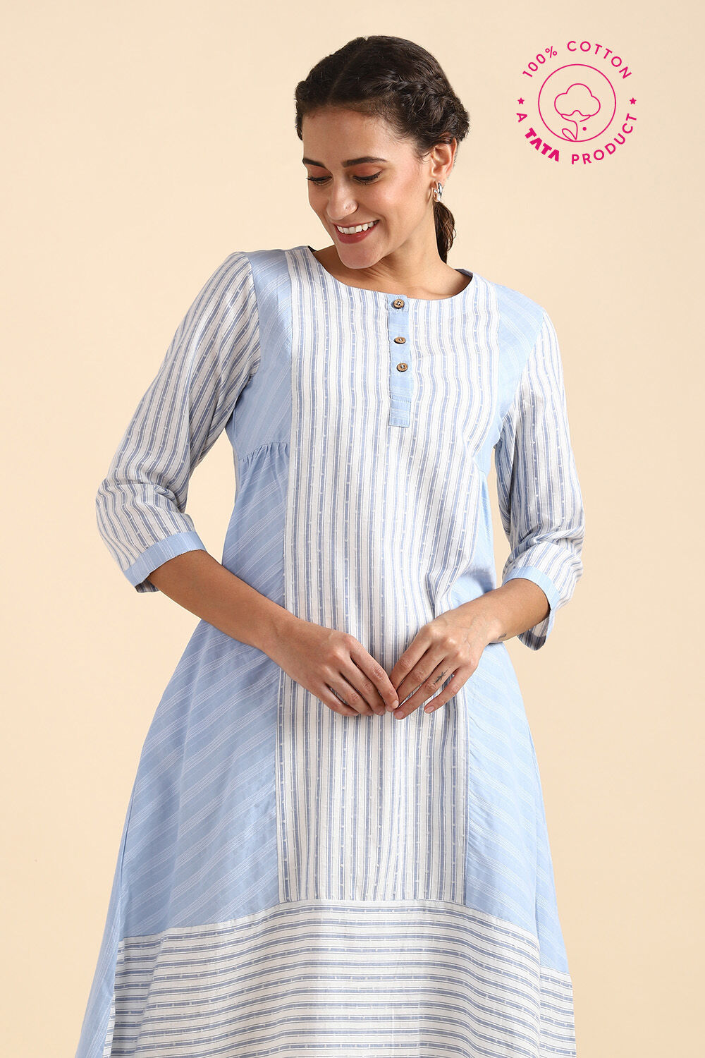 Light Blue Cotton Striped woven Kurta image number null