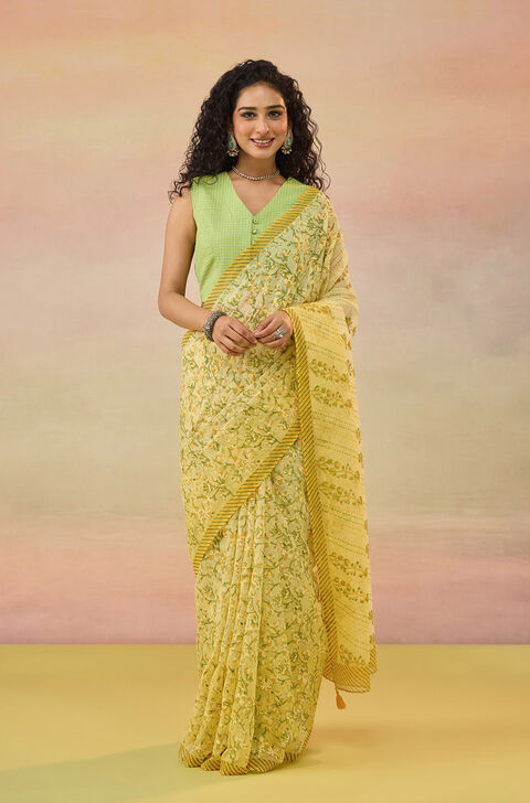 Yellow Bengal Block Printed Pure Cotton Kota Saree