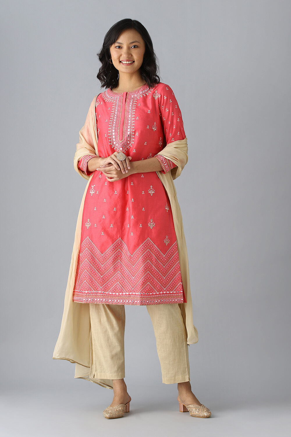 Pink Silk Cotton Embroidered Kurta Set image number null