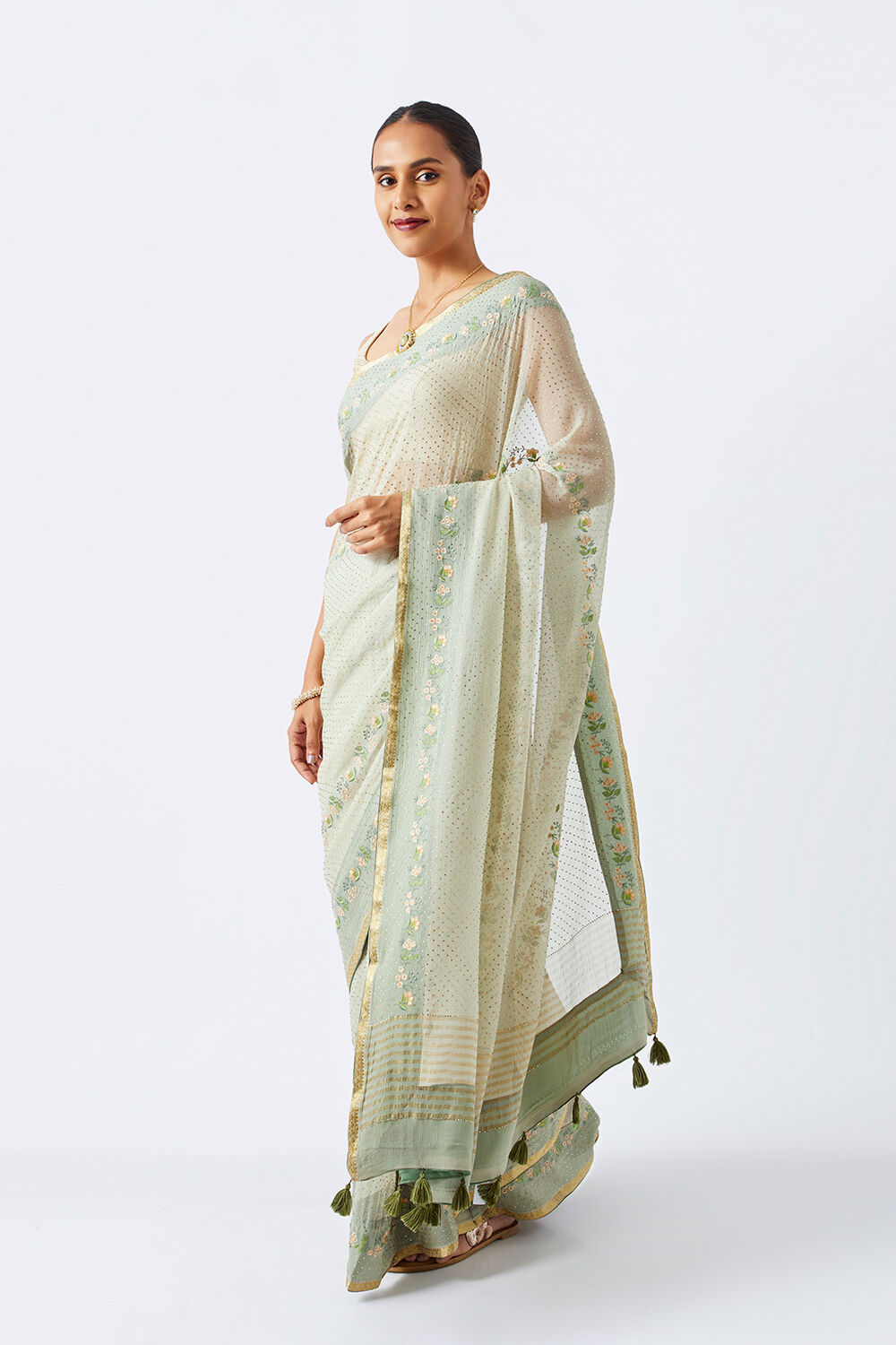 Light Green Pure Chiffon Embroidered Saree image number null