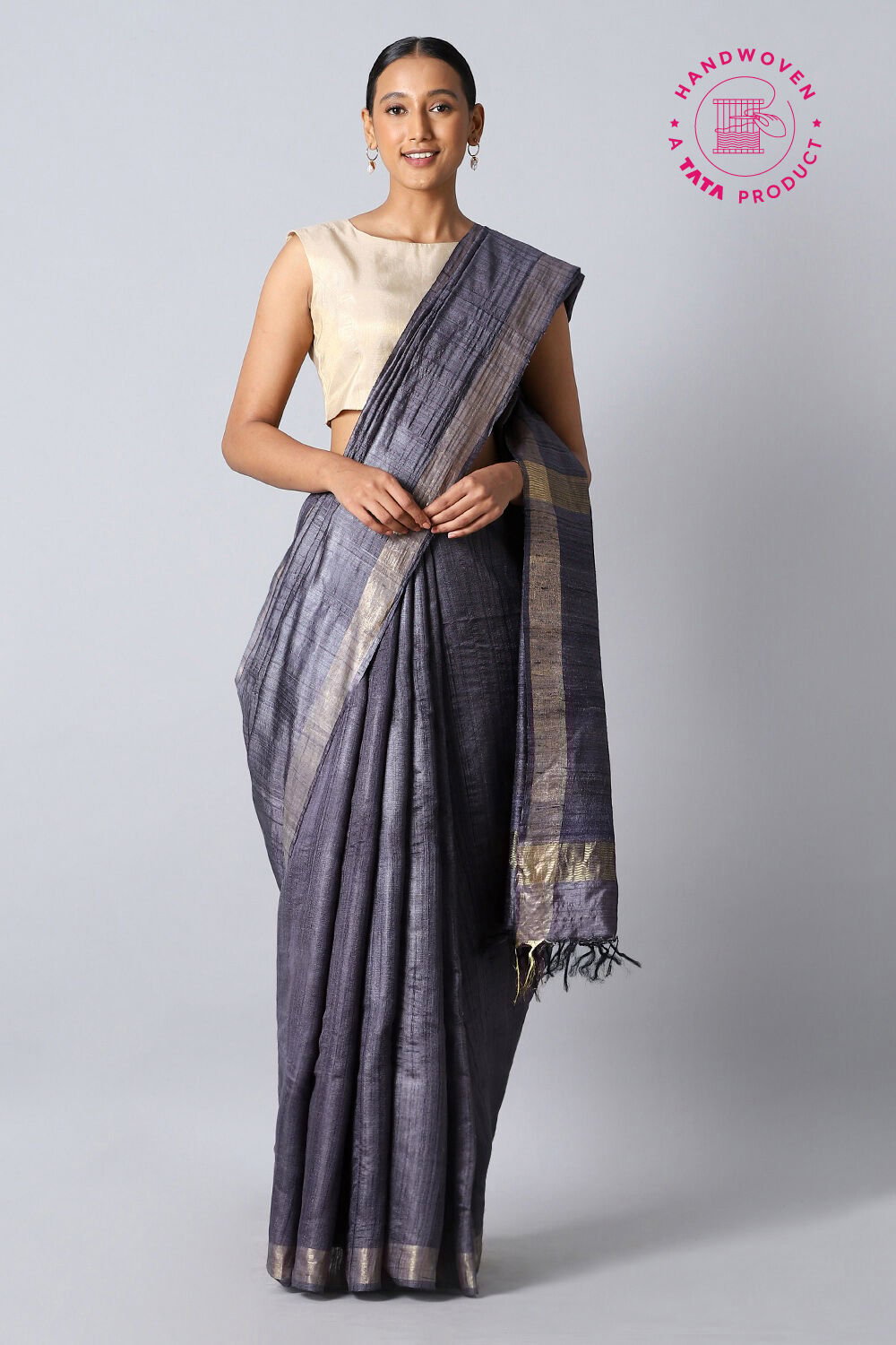 Dark Blue Pure Tussar Silk Bhagalpuri Saree image number null