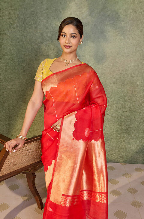 Red Pure Silk Organza Kadwa Banarasi Saree