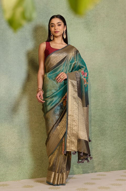 Green Printed Viscose Tissue Saree