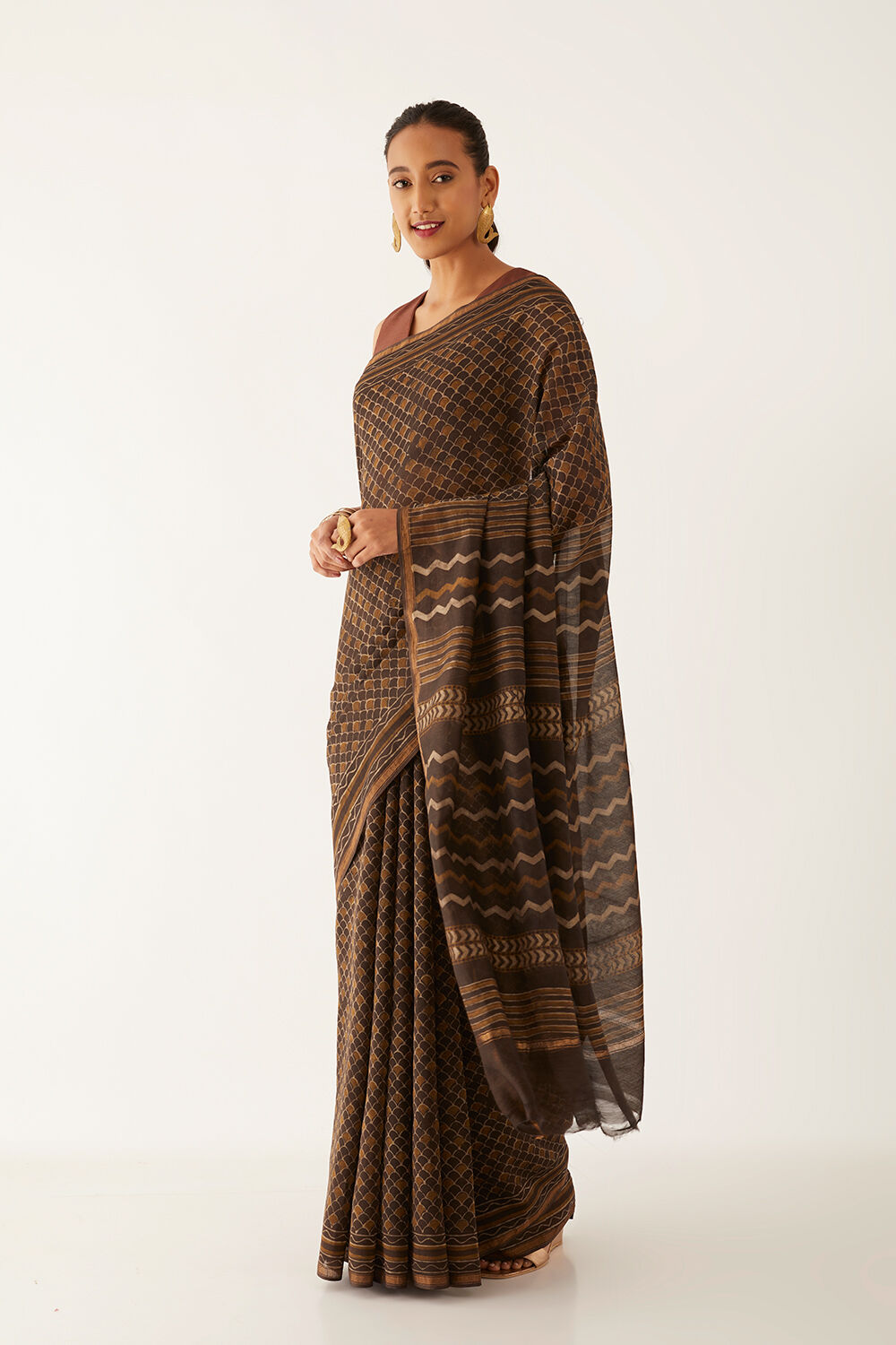 Brown Pure Silk Cotton Bagru Printed Saree image number null