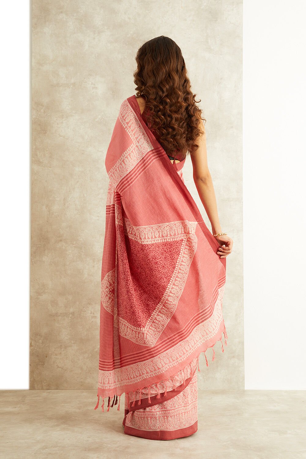 Pink Block Printed Pure Cotton Bengal Saree image number null