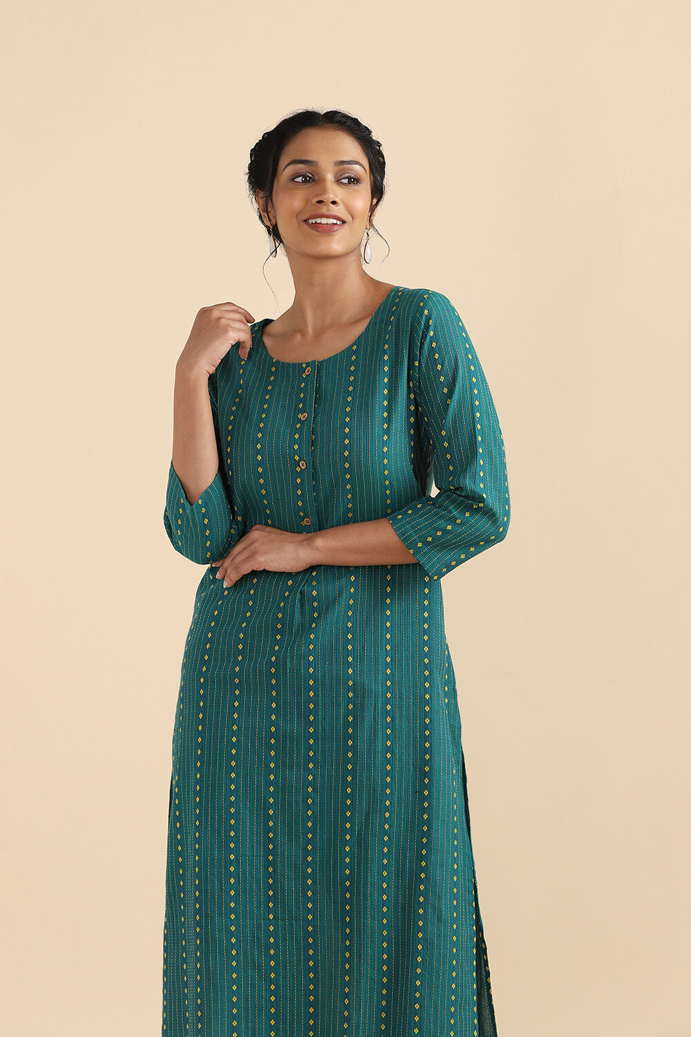 Dark Green Cotton Woven Kurta image number null