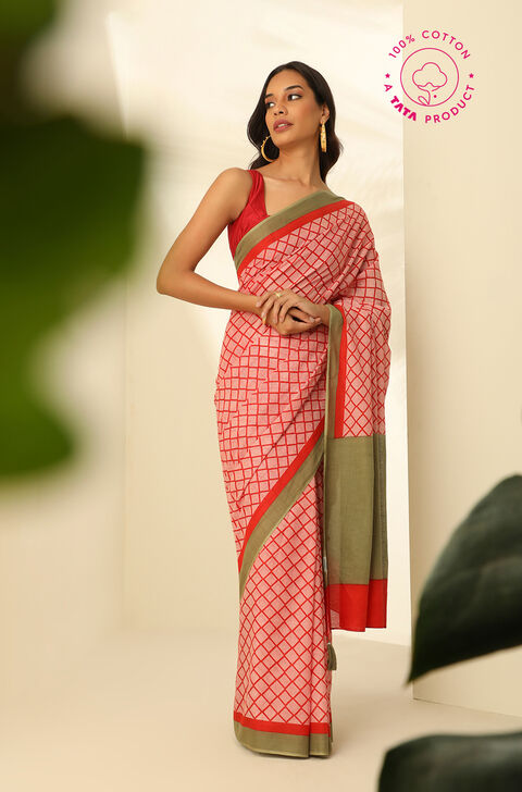 Red Pure Cotton Mulmul Printed Saree
