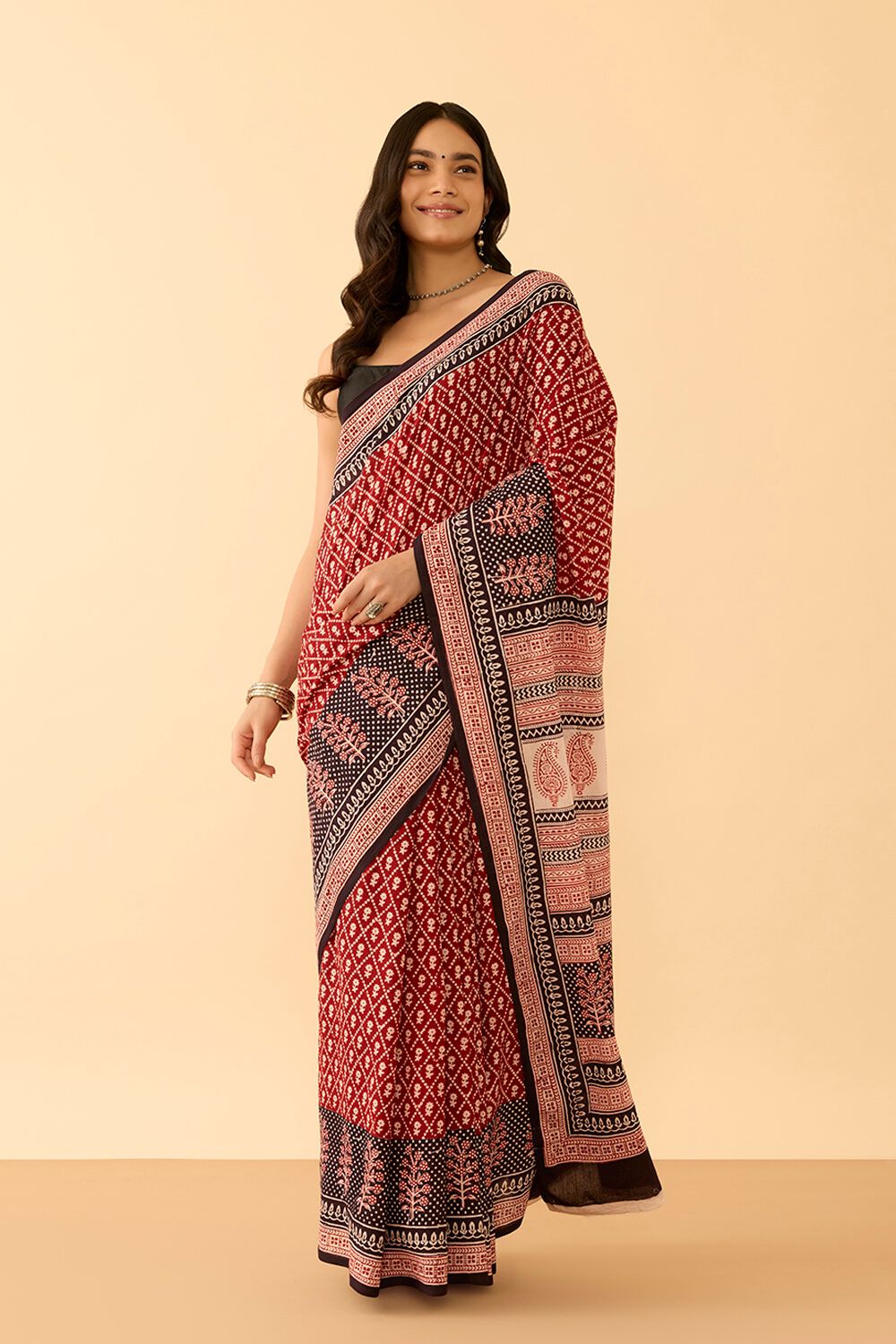 Red Bagh Block Printed Pure Cotton Saree image number null