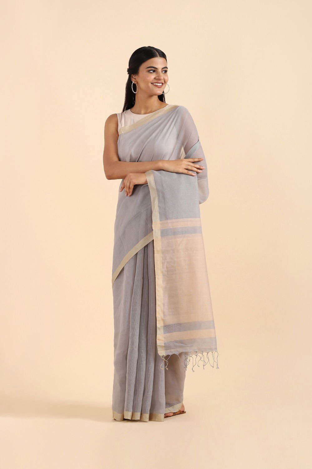Grey Pure Silk Cotton Bengal Saree image number null