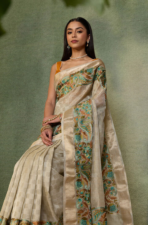 Grey Embroidered Viscose Tissue Saree
