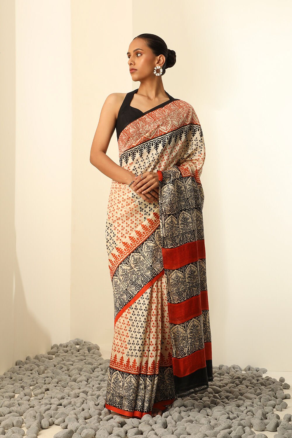 Off White Pure Silk Block Printed Saree image number null