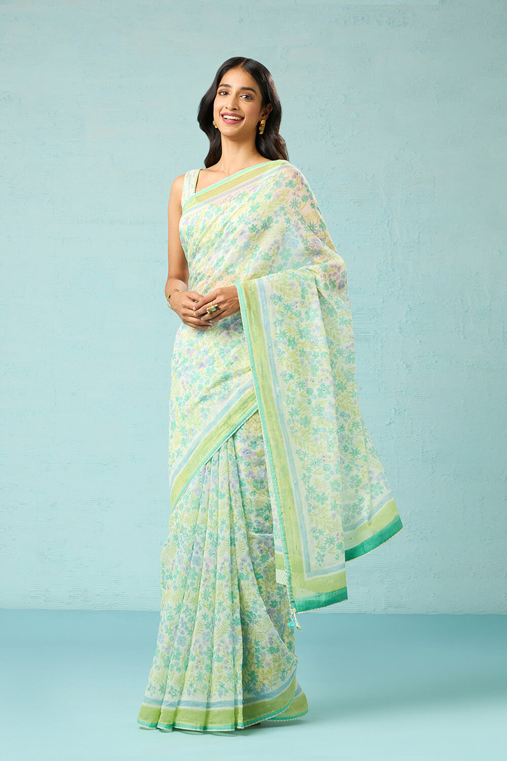 Green Rajasthan Pure Silk Cotton Printed Mukaish Saree image number null