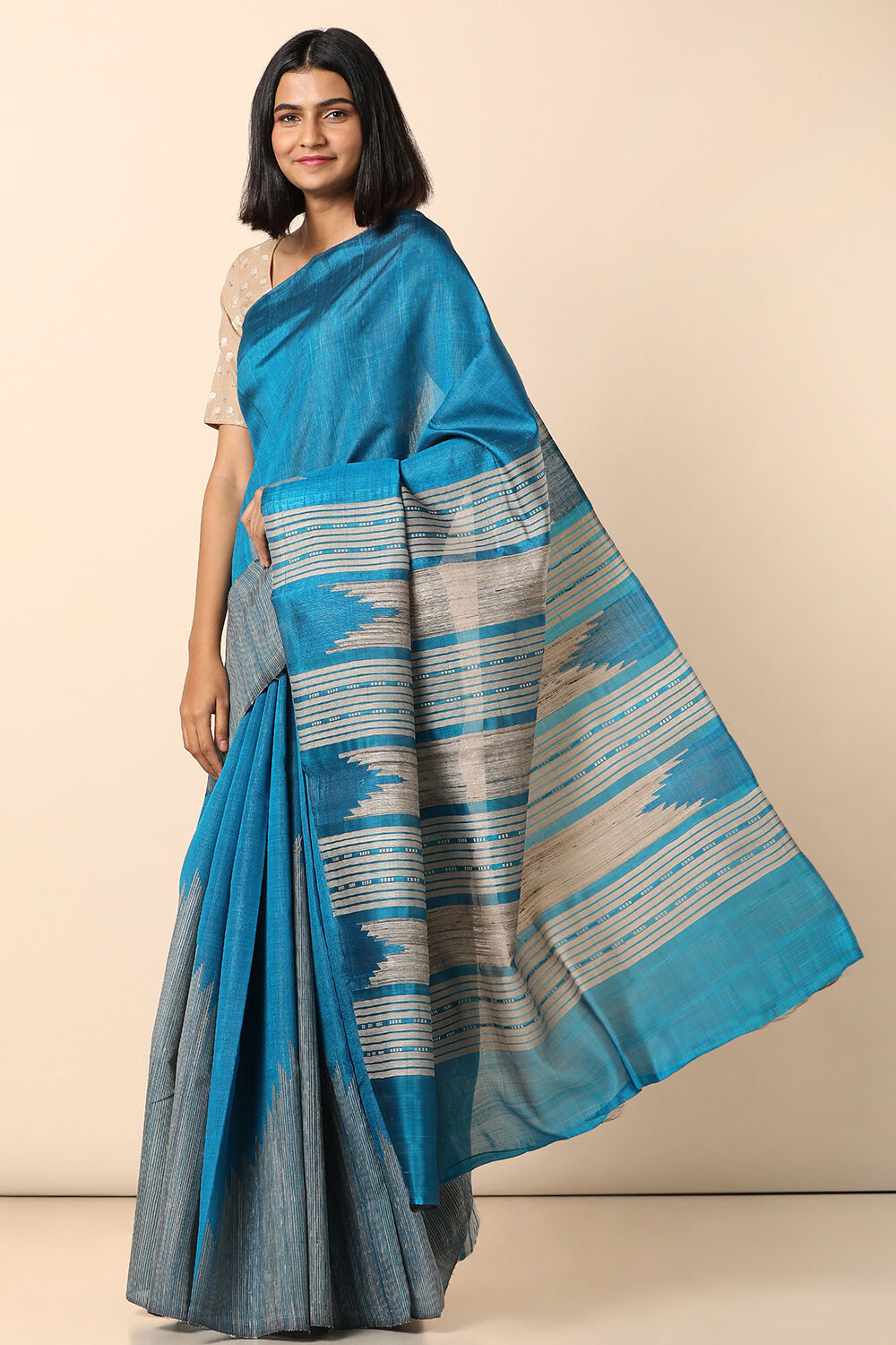 Blue Pure Silk Tussar Woven Saree image number null