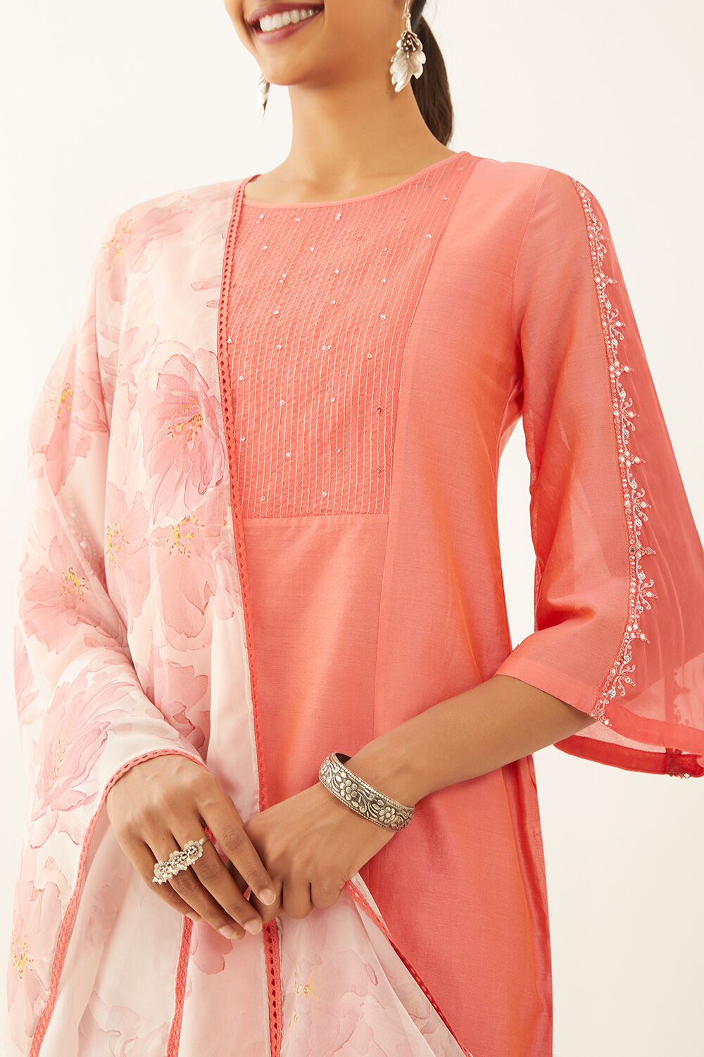 Orange Pure Silk Cotton Embroidered Kurta Set image number null