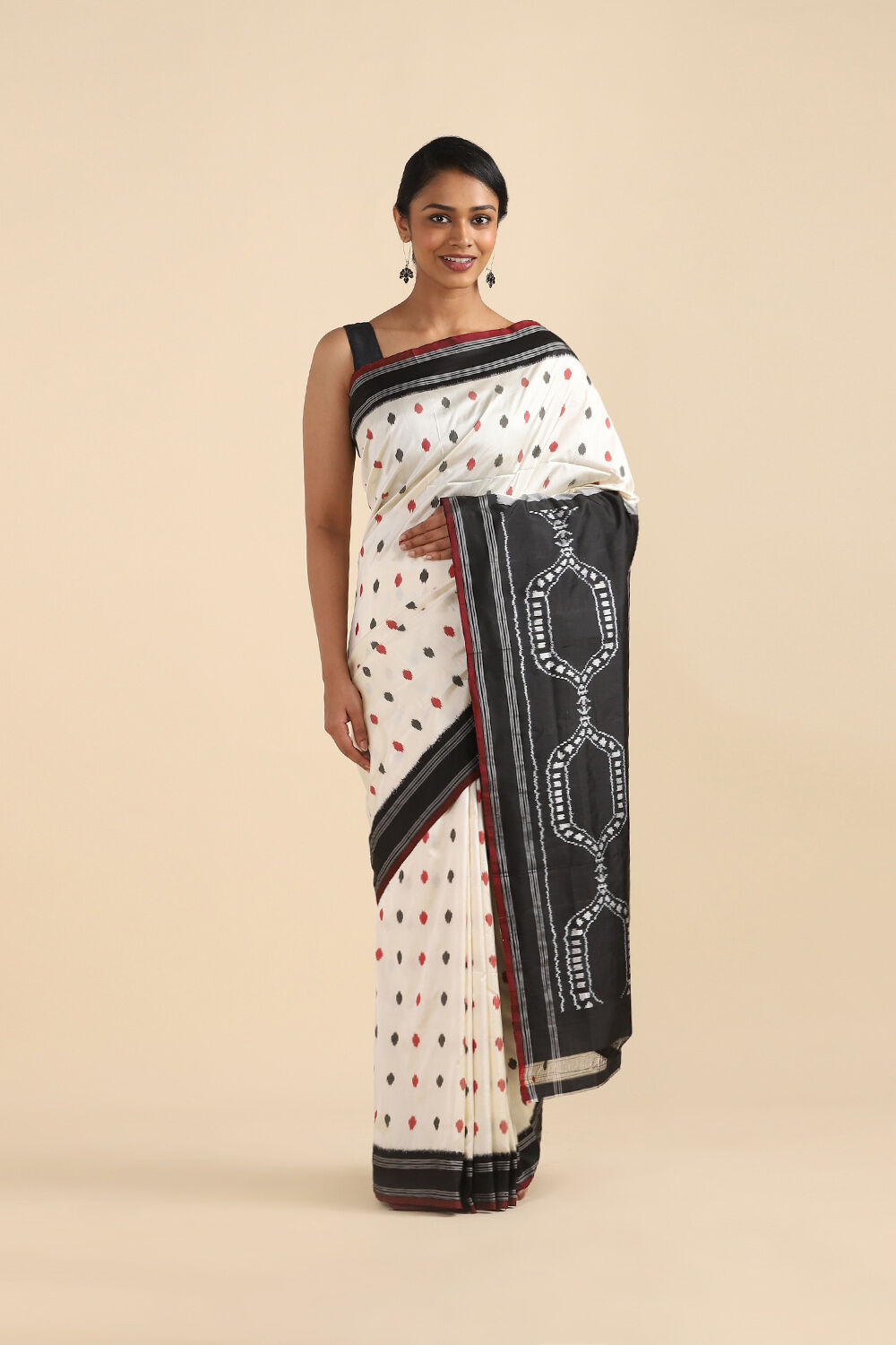 Off White Pure Khadi Silk Pochampalli Ikat Saree image number null