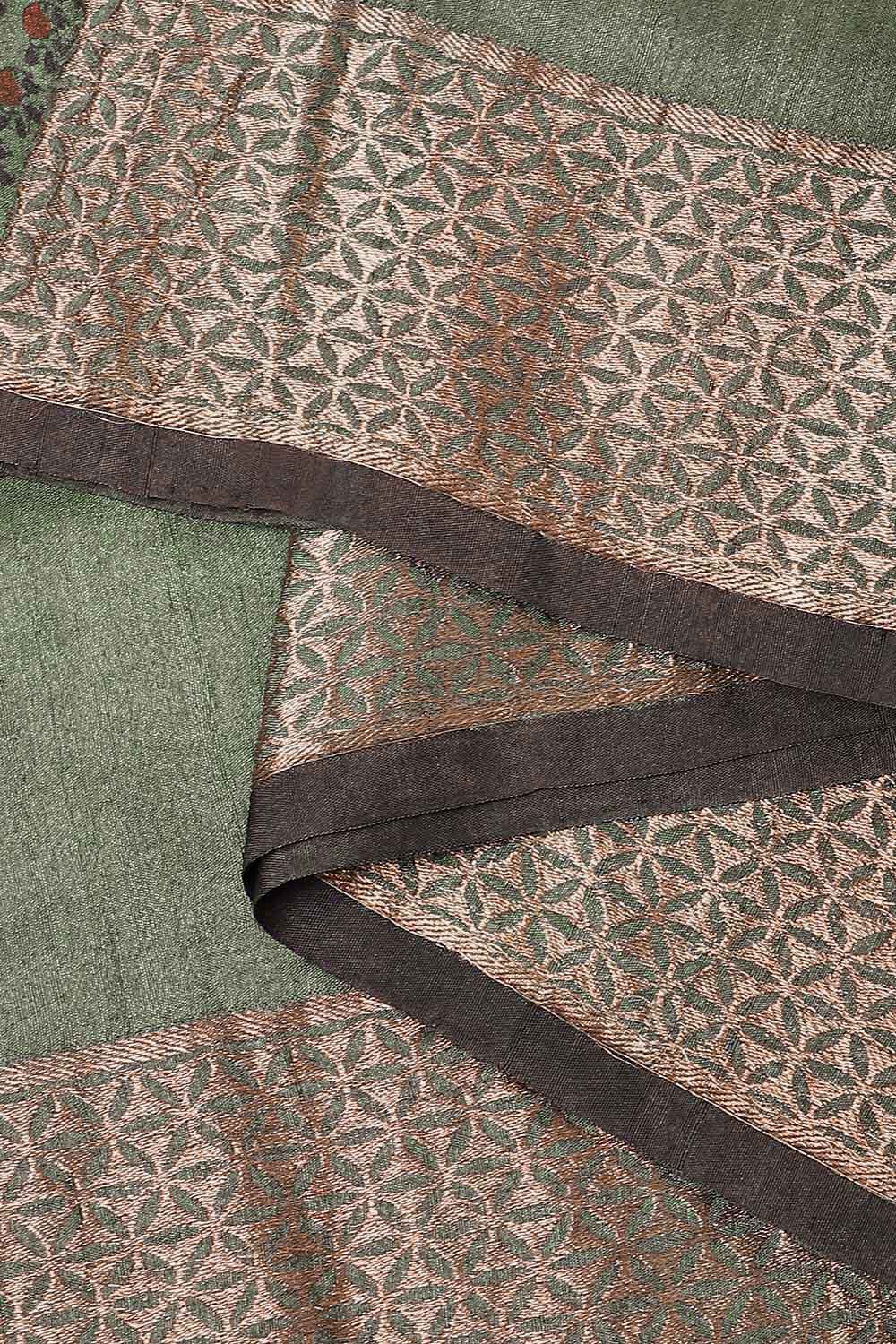 Green Pure Silk Tussar Bagru Print and Zardosi Embroidered Saree image number null