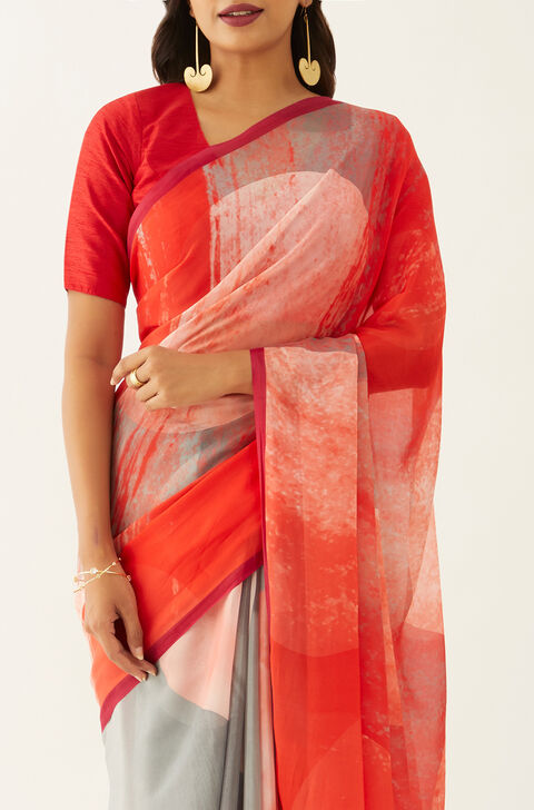 Grey Viscose Crepe Printed Saree