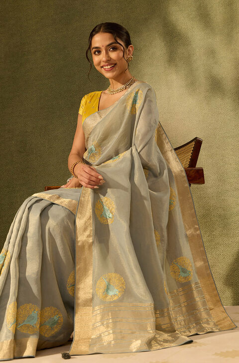 Light Blue Viscose Tissue Embroidered Saree