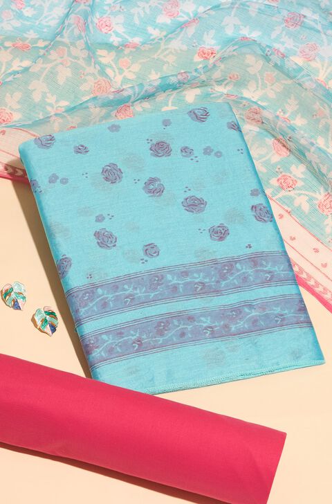 Light Blue Printed Sanganeri Pure Silk Cotton Unstitched Suit Set